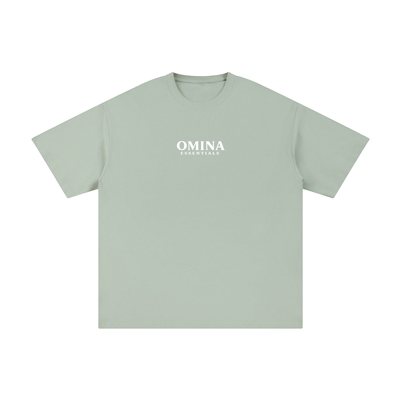 Omina Essentials pale green heavyweight cotton t-shirt with crew neck and drop shoulders. Features white logo on chest.