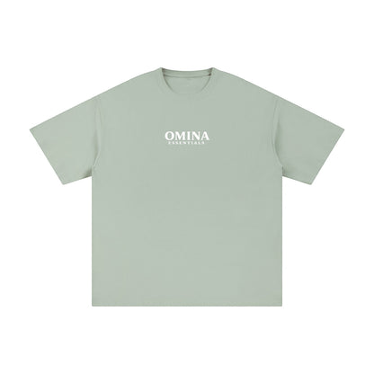 Omina Essentials pale green heavyweight cotton t-shirt with crew neck and drop shoulders. Features white logo on chest.