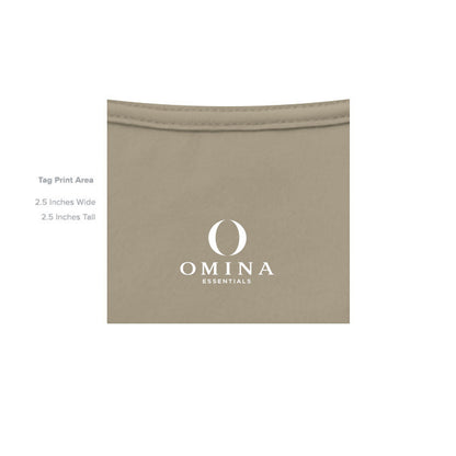 Omina Essentials heavyweight tee interior neck label print area in beige with white logo branding