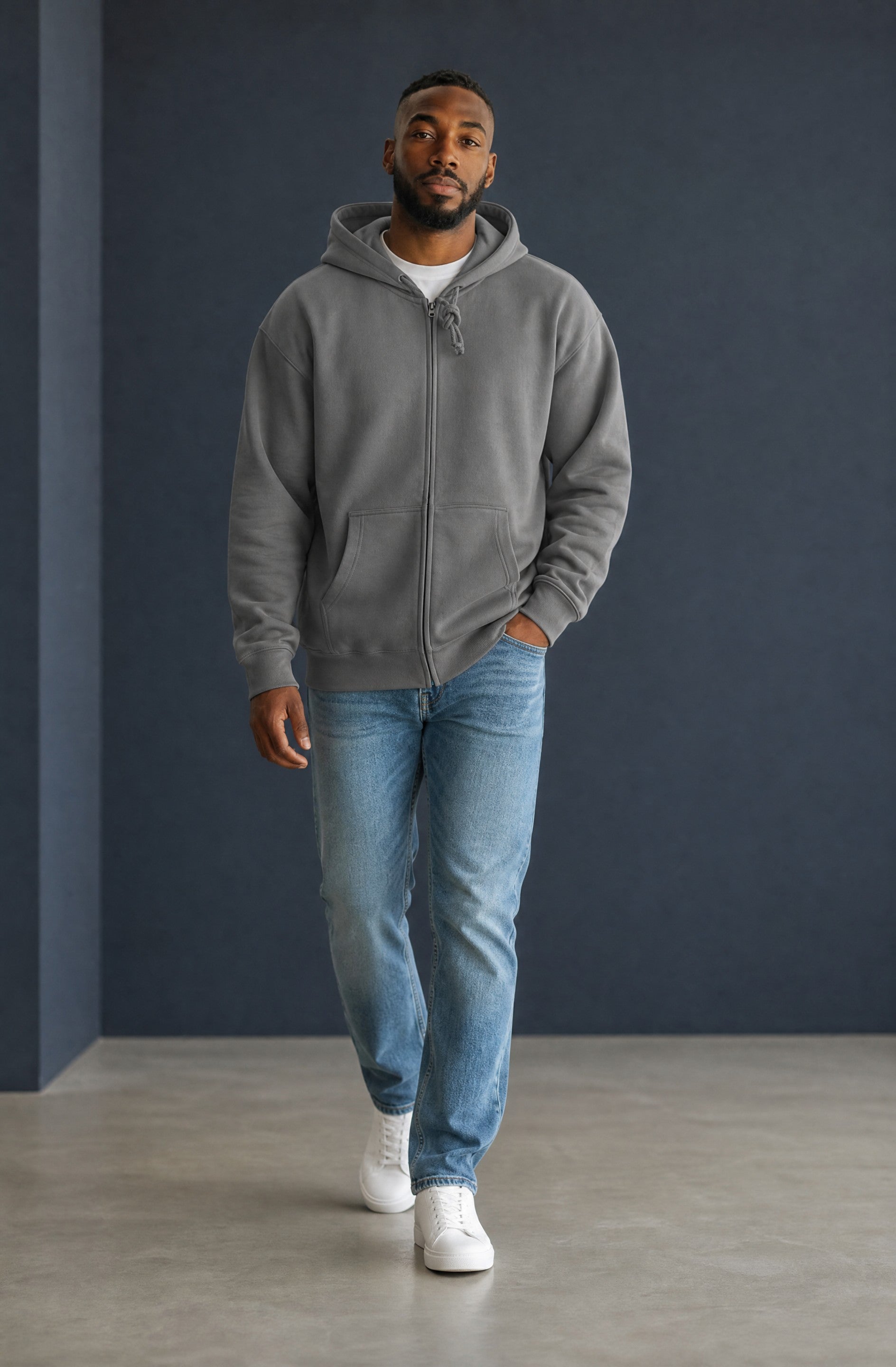 OMINA Essentials heavyweight charcoal grey zip-up hoodie with front pockets and drawstring hood.