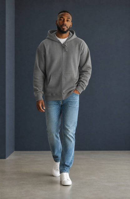 OMINA Essentials heavyweight charcoal grey zip-up hoodie with front pockets and drawstring hood.