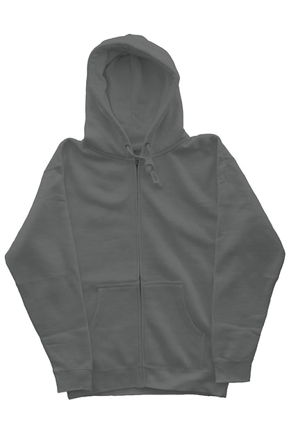 OMINA Essentials heavyweight charcoal grey zip-up hoodie with front pockets and drawstring hood.