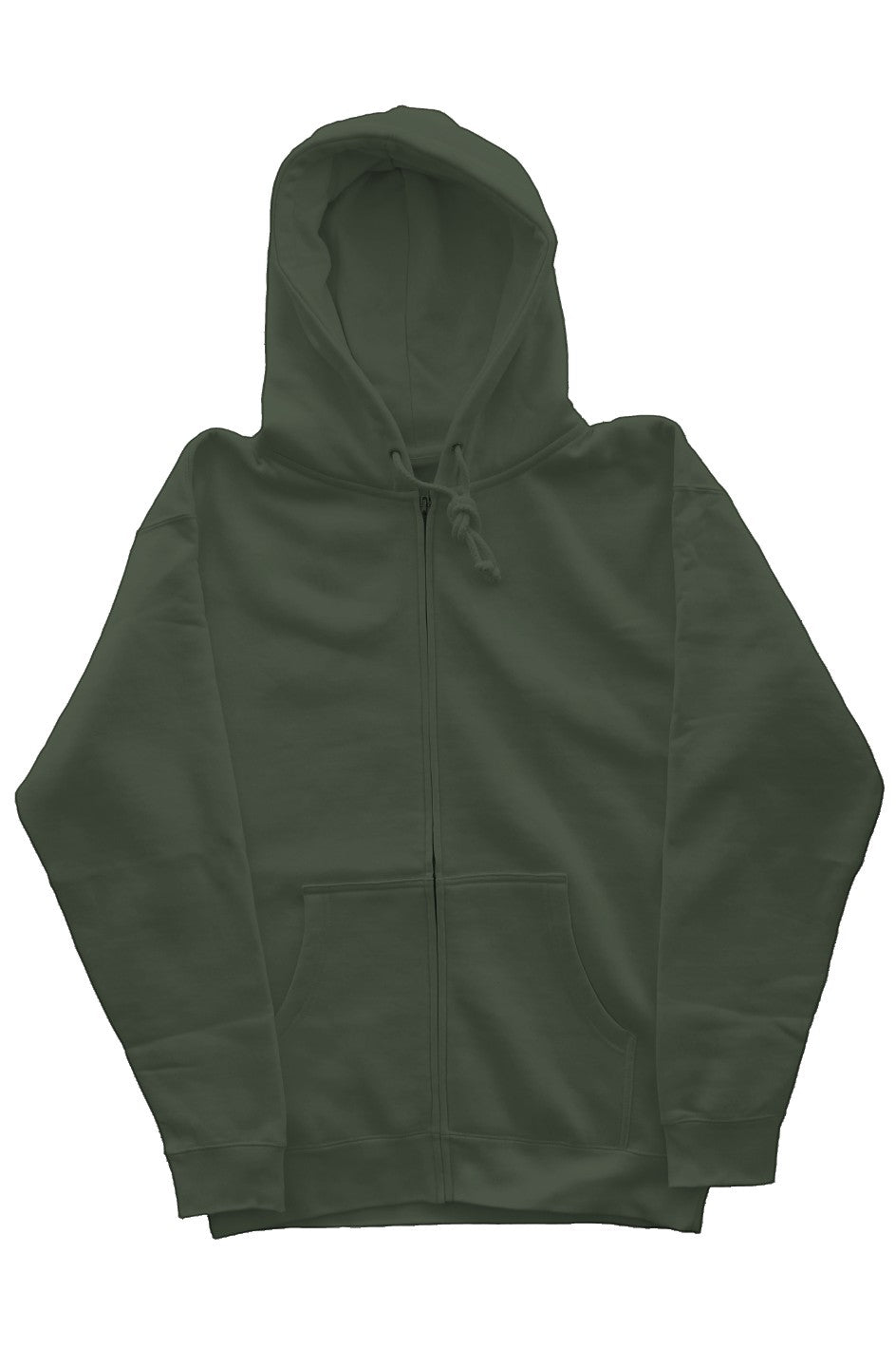 OMINA Essentials heavyweight zip hoodie in dark green, made from fleece with a full zipper and front pockets.