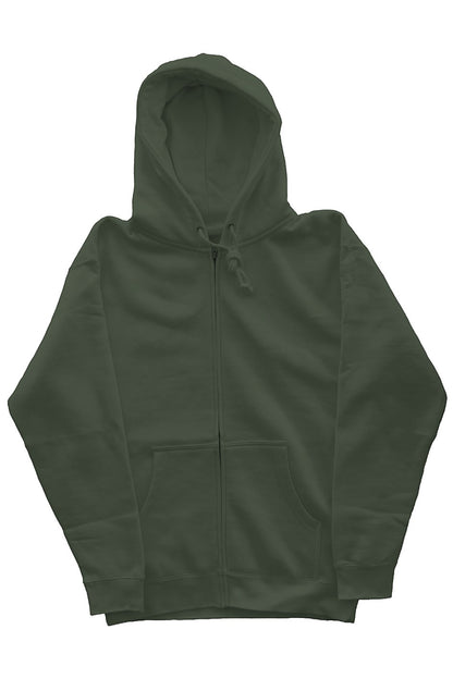 OMINA Essentials heavyweight zip hoodie in dark green, made from fleece with a full zipper and front pockets.