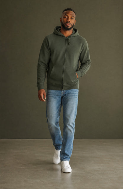 OMINA Essentials heavyweight fleece zip hoodie in dark green with front pockets and drawstring hood.