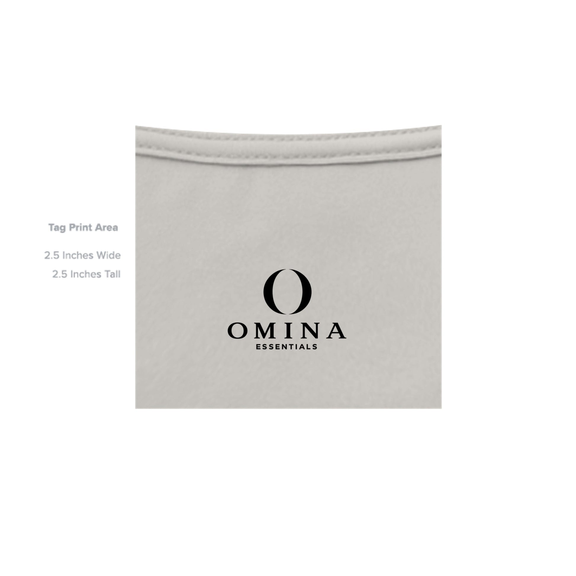 Omina Essentials branded logo printed on the inside neck of a light grey heavyweight cotton t-shirt
