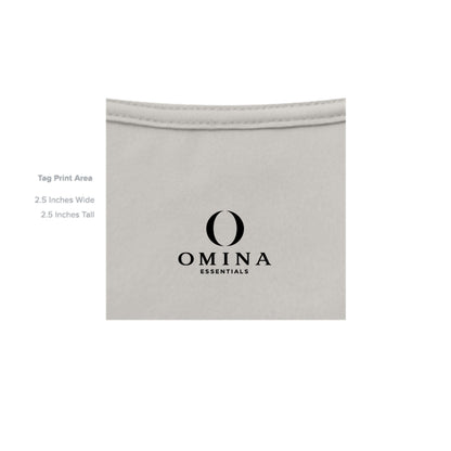 Omina Essentials branded logo printed on the inside neck of a light grey heavyweight cotton t-shirt