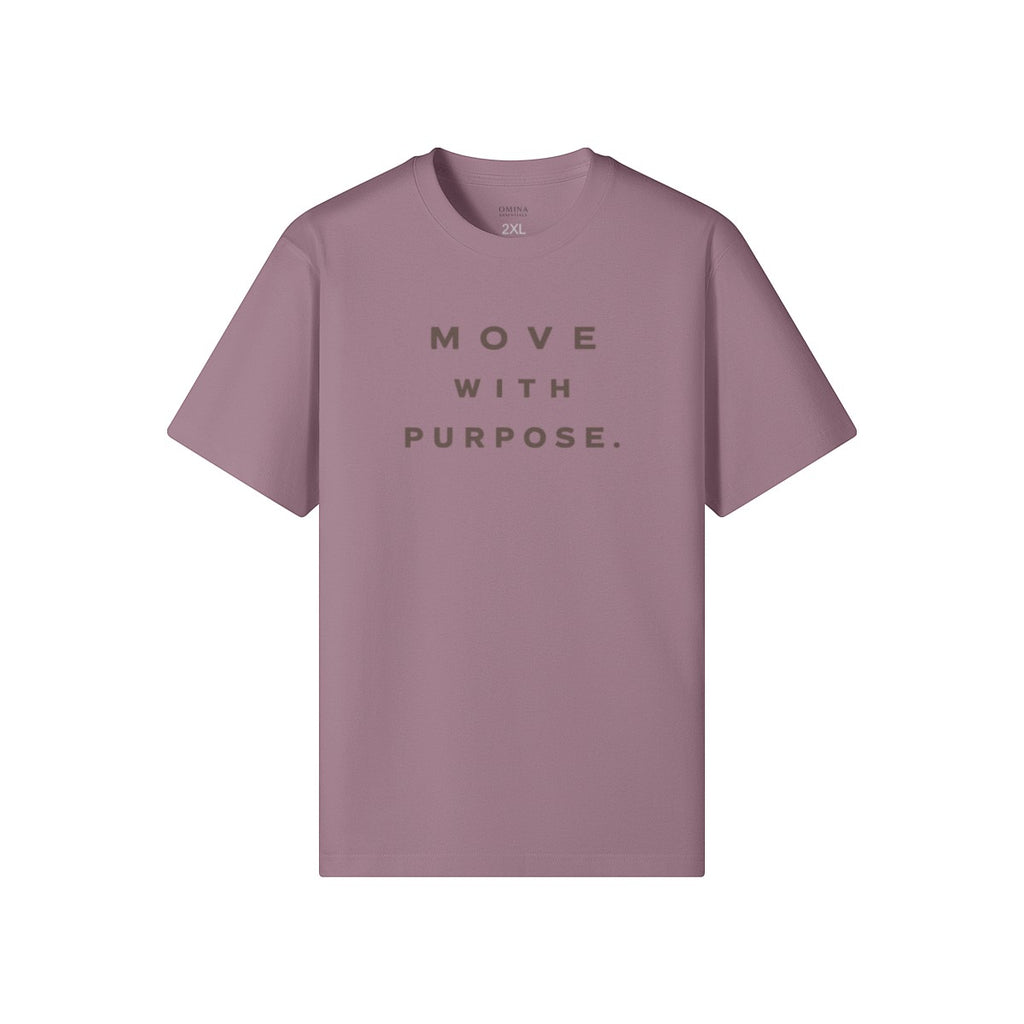 Omina Essentials mauve heavyweight cotton t-shirt with "MOVE WITH PURPOSE." graphic.