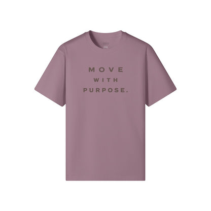 Omina Essentials mauve heavyweight cotton t-shirt with "MOVE WITH PURPOSE." graphic.