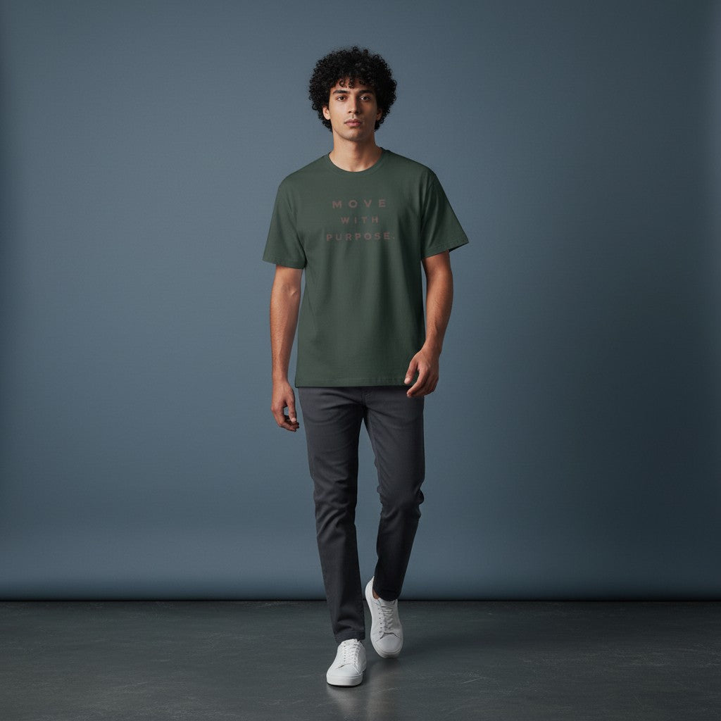 Omina Essentials dark green heavyweight cotton t-shirt with 'MOVE WITH PURPOSE' graphic in muted rose.