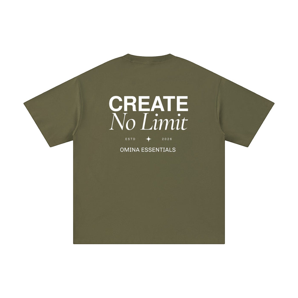Omina Essentials No Limit heavyweight cotton t-shirt in olive green with white graphic text on back.