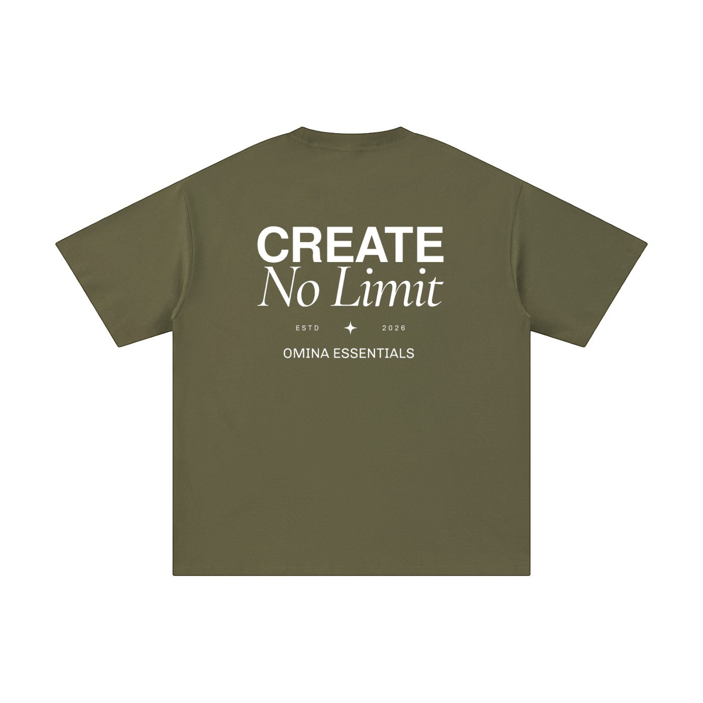 Omina Essentials No Limit heavyweight cotton t-shirt in olive green with white graphic text on back.