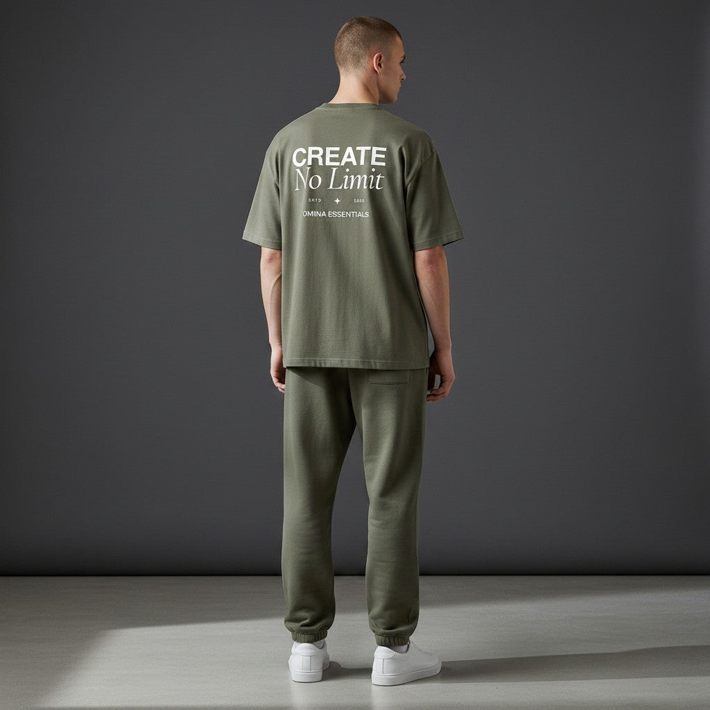Omina Essentials No Limit heavyweight cotton t-shirt in olive green with a relaxed fit and crew neck. Back graphic.
