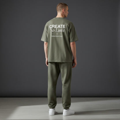 Omina Essentials No Limit heavyweight cotton t-shirt in olive green with a relaxed fit and crew neck. Back graphic.