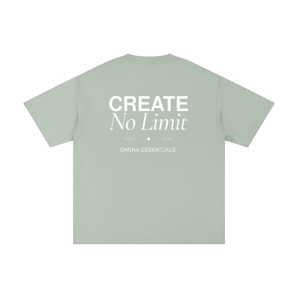 Omina Essentials No Limit heavyweight cotton t-shirt in sage green with crew neck and drop shoulders.