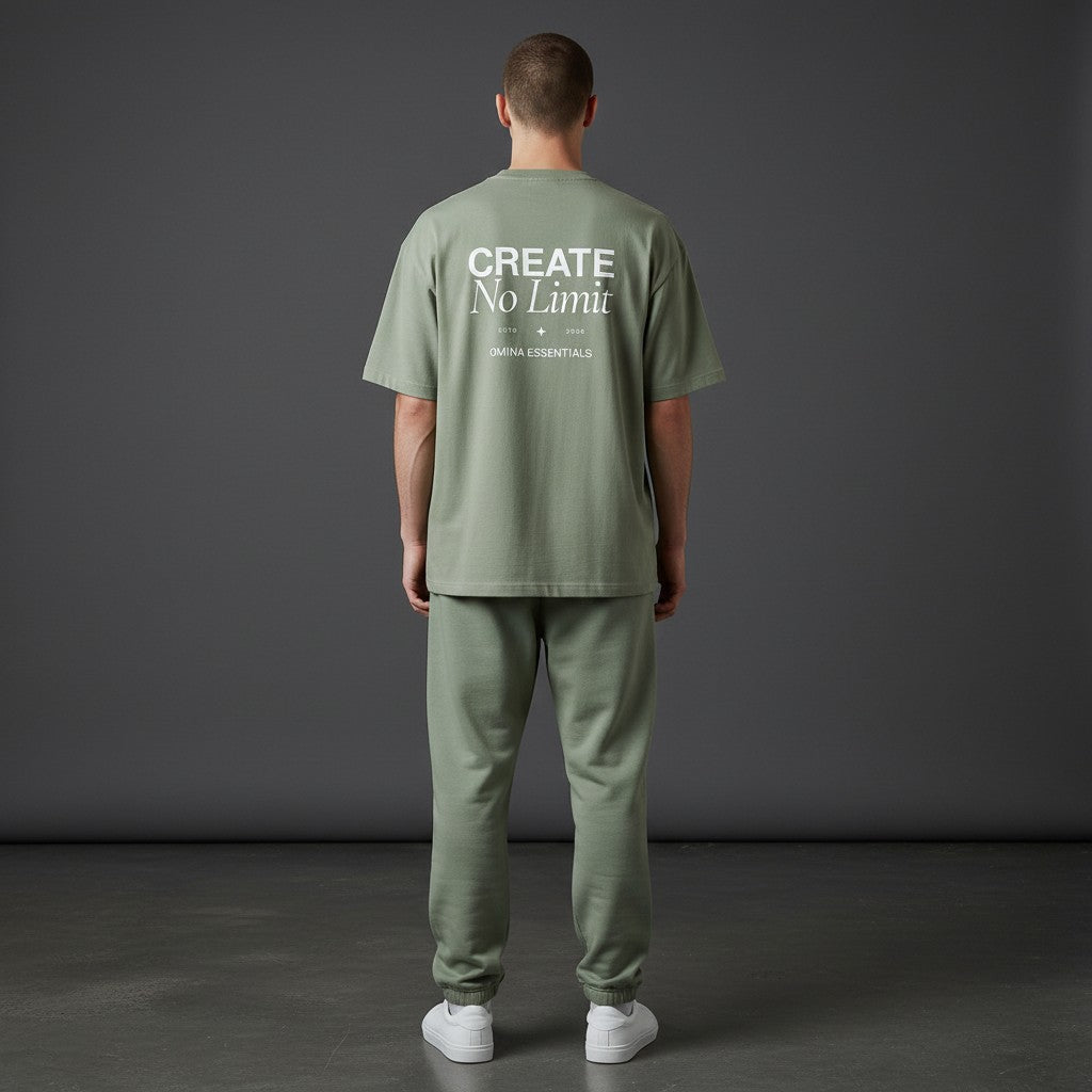 OMINA Essentials No Limit heavyweight cotton t-shirt in sage green with a relaxed fit and crew neck.