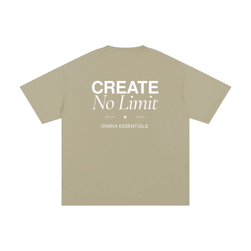 Omina Essentials No Limit heavyweight cotton t-shirt in tan with white text graphic on back.