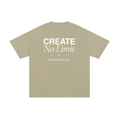 Omina Essentials No Limit heavyweight cotton t-shirt in tan with white text graphic on back.