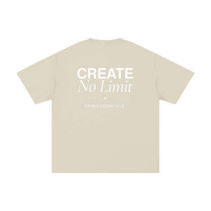 Omina Essentials No Limit heavyweight cotton t-shirt in beige with crew neck and drop shoulders. Features white text graphic on back.