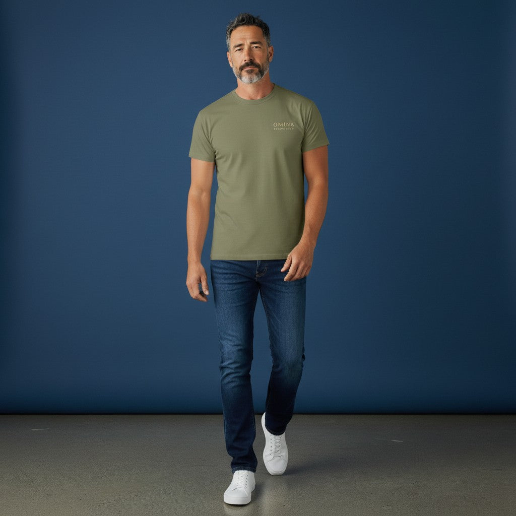 Omina Essentials olive green heavyweight cotton t-shirt with minimalist logo on chest. Relaxed oversized fit.