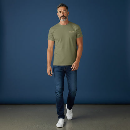 Omina Essentials olive green heavyweight cotton t-shirt with minimalist logo on chest. Relaxed oversized fit.
