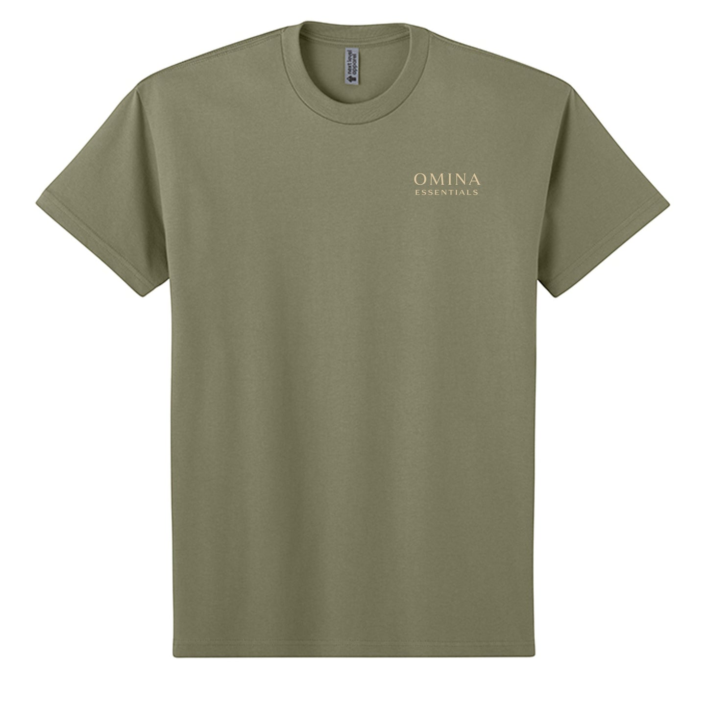 Omina Essentials olive green heavyweight cotton t-shirt with minimalist logo on chest. Relaxed oversized fit.