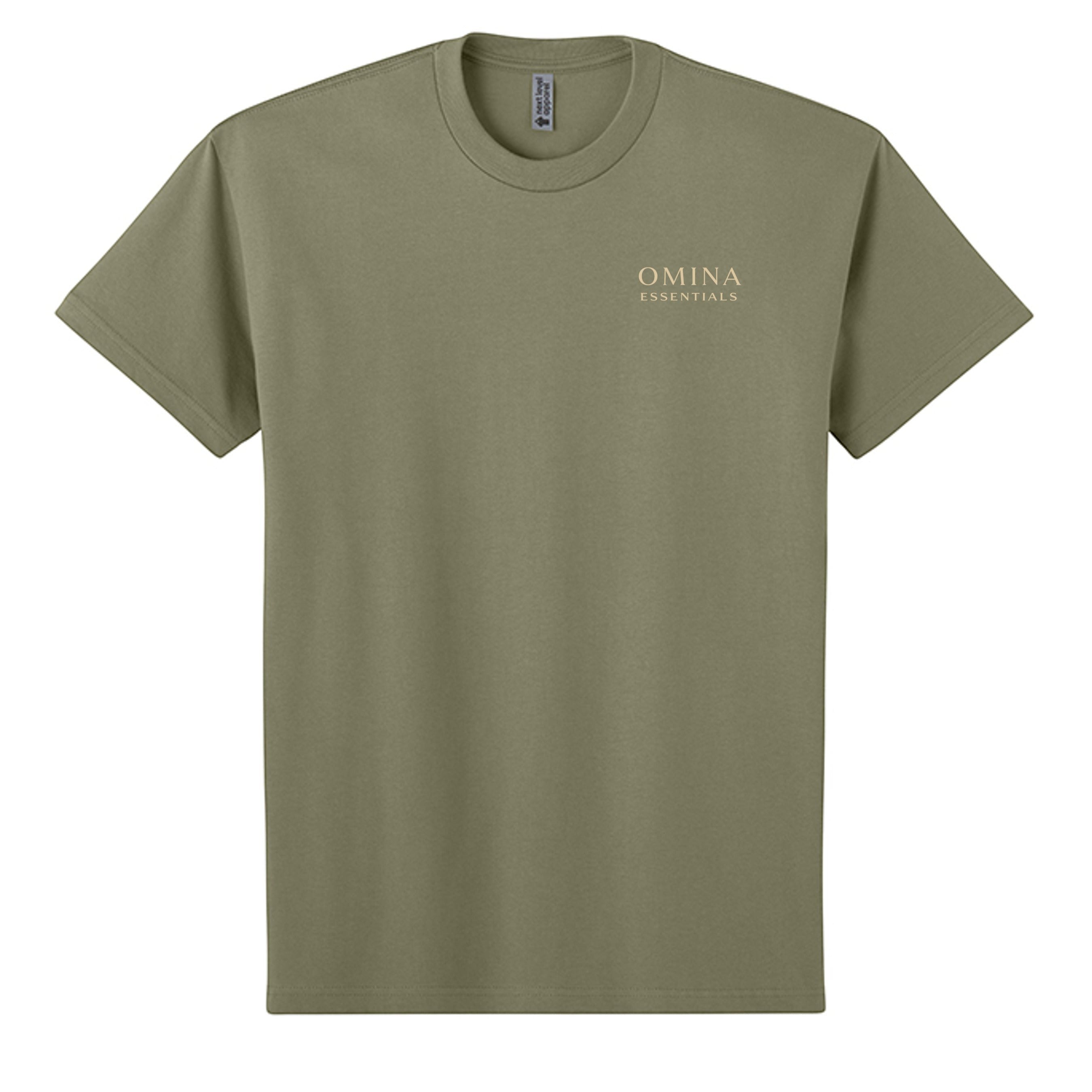 Omina Essentials olive green heavyweight cotton t-shirt with minimalist logo on chest. Relaxed oversized fit.