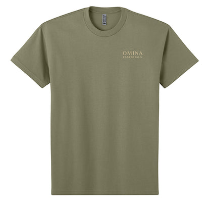 Omina Essentials olive green heavyweight cotton t-shirt with minimalist logo on chest. Relaxed oversized fit.