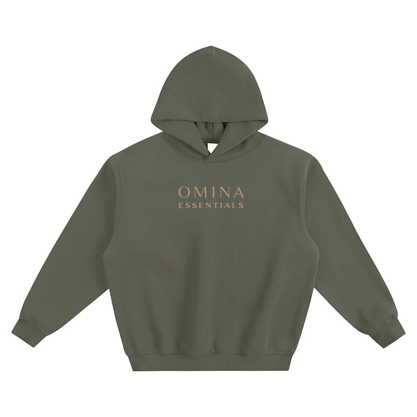 Omina Essentials olive green fleeced boxy hoodie with drop shoulders and ribbed cuffs/hem. Minimalist logo on chest.