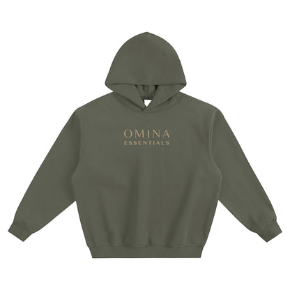 Omina Essentials olive green fleeced boxy hoodie with drop shoulders and ribbed cuffs/hem. Minimalist logo on chest.