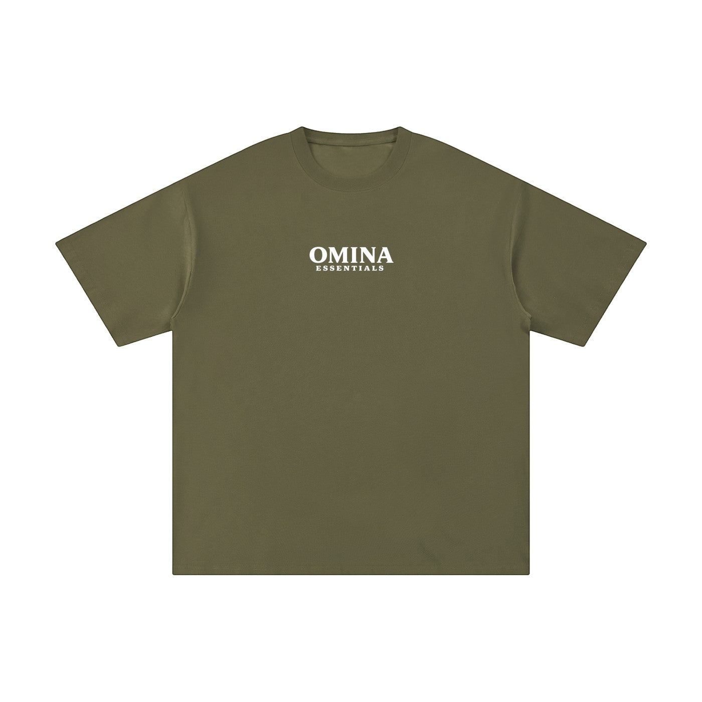 Omina Essentials olive green heavyweight cotton t-shirt with crew neck and drop shoulders.