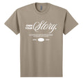 Omina Essentials tan heavyweight cotton t-shirt with white "Own Your Story" graphic and ESTD 2026 detail.