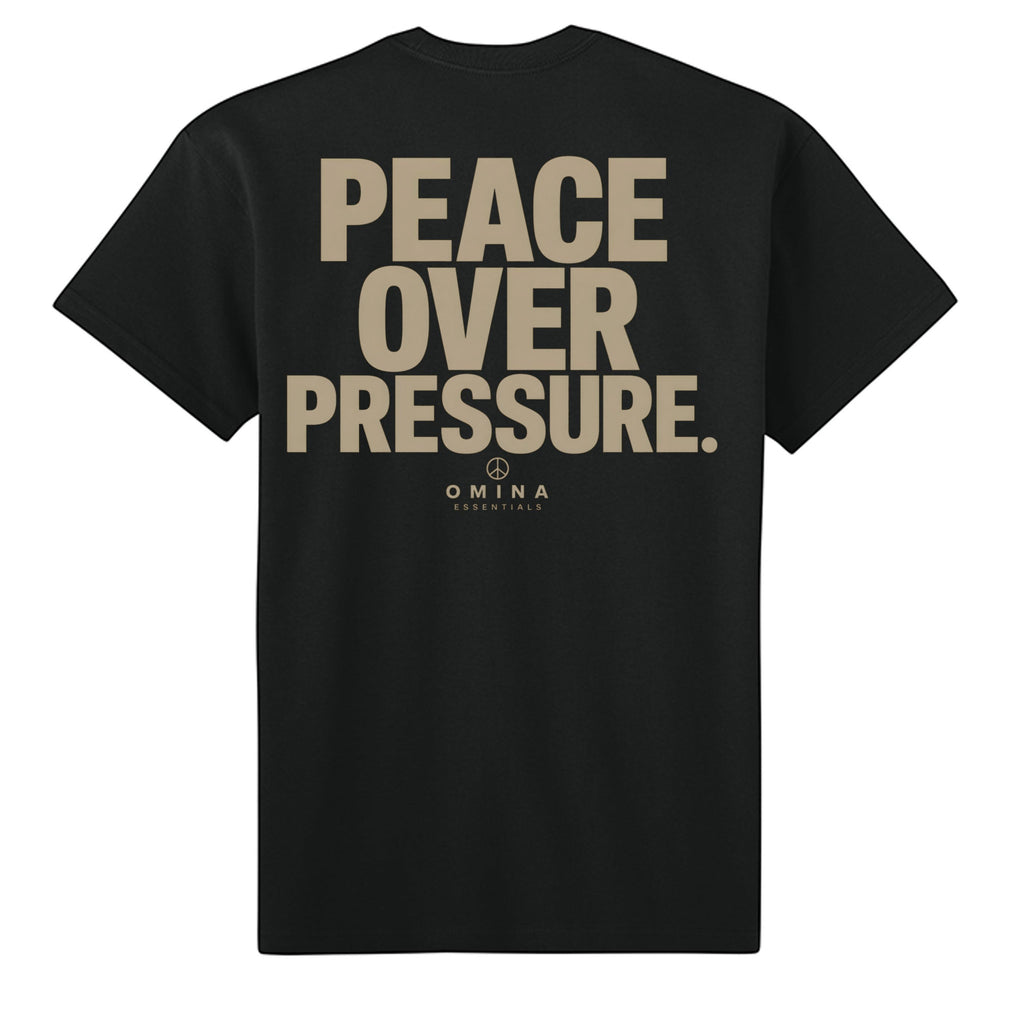 Omina Essentials black heavyweight cotton t-shirt with "PEACE OVER PRESSURE" graphic and logo.