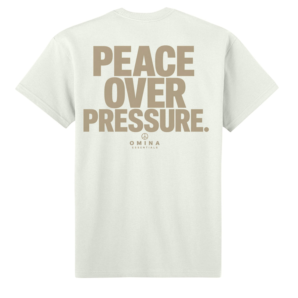Omina Essentials cream heavyweight cotton t-shirt with "PEACE OVER PRESSURE" graphic and logo on back.