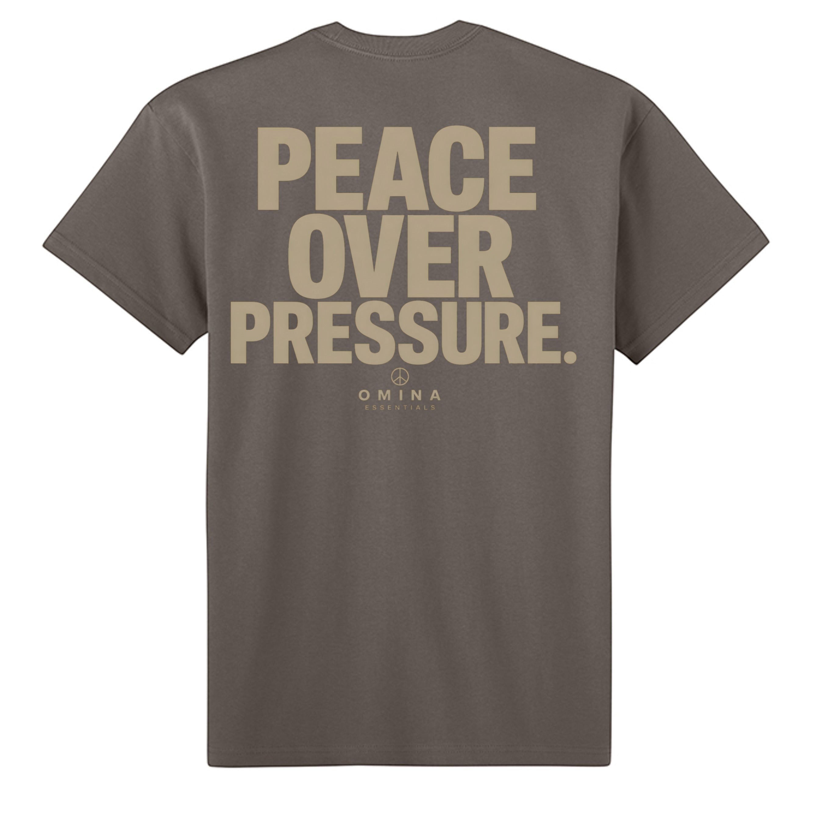 Omina Essentials grey heavyweight cotton t-shirt with "PEACE OVER PRESSURE" graphic and logo on back.