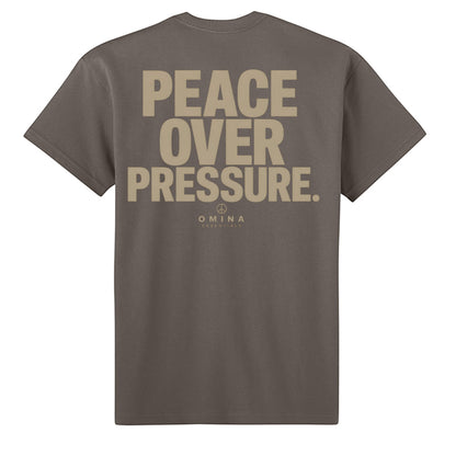 Omina Essentials grey heavyweight cotton t-shirt with "PEACE OVER PRESSURE" graphic and logo on back.