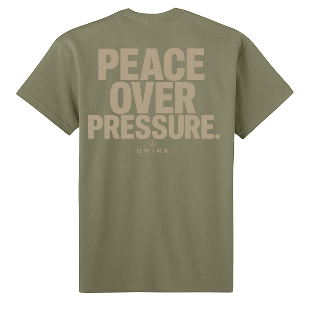 Omina Essentials olive green cotton t-shirt with "PEACE OVER PRESSURE" graphic and minimalist branding.