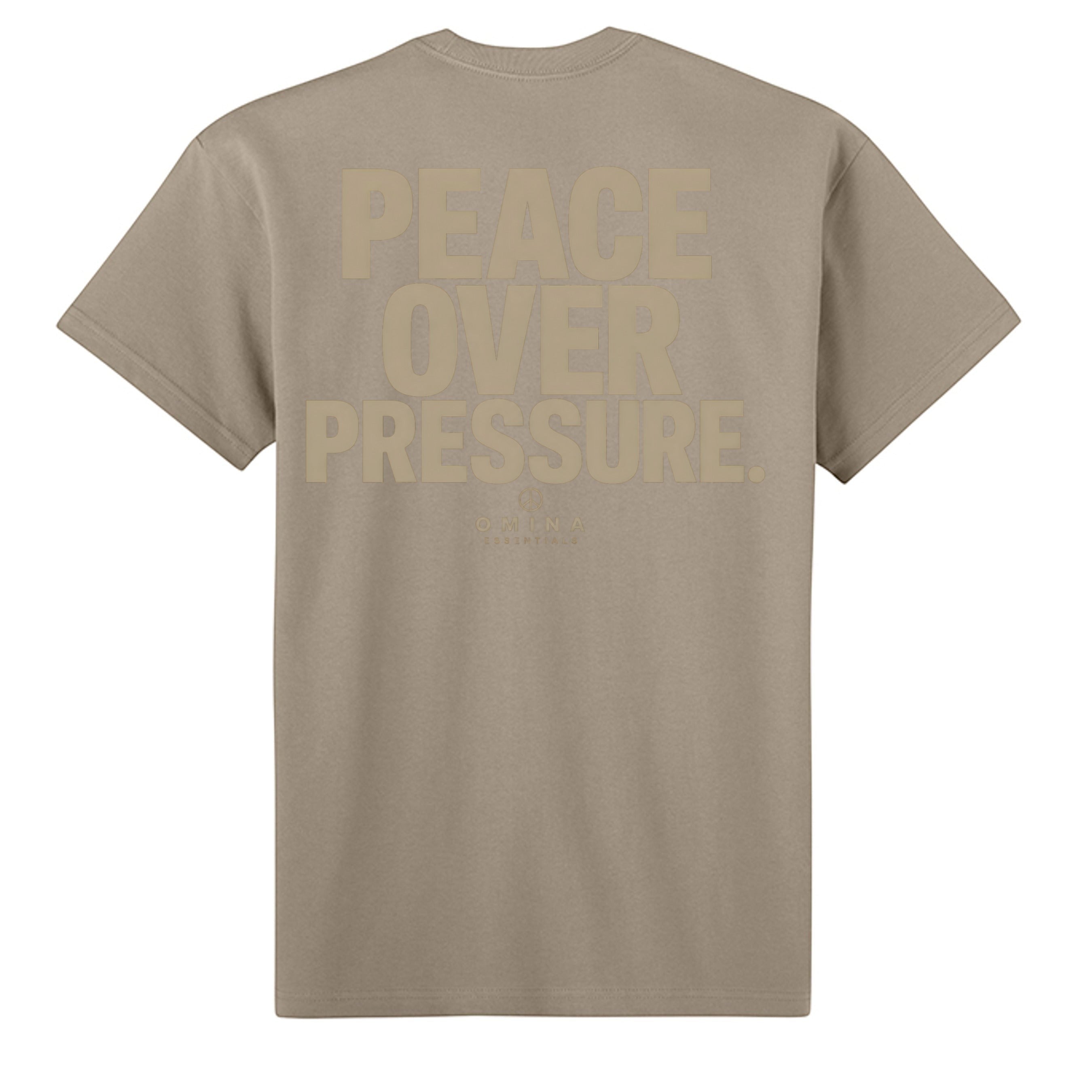 Omina Essentials tan heavyweight cotton t-shirt with "PEACE OVER PRESSURE" graphic on back.