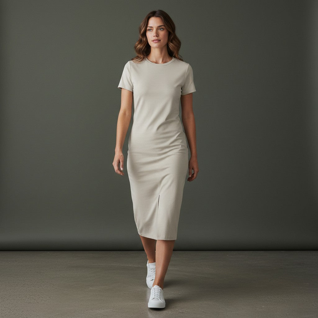Omina Essentials light beige viscose blend maxi dress with V-neck and side slit