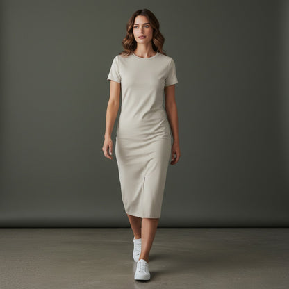 Omina Essentials light beige viscose blend maxi dress with V-neck and side slit