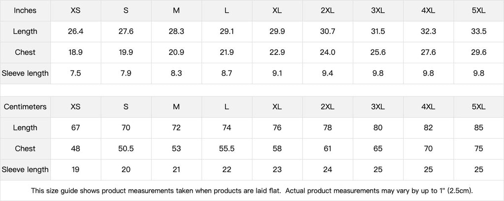 Omina Essentials Do It Now T-Shirt size guide chart with measurements in inches and centimeters for sizes XS to 5XL.