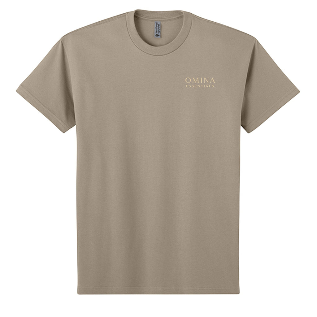 Omina Essentials tan heavyweight cotton t-shirt with embroidered logo on chest. Relaxed oversized fit.
