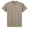 Omina Essentials tan heavyweight cotton t-shirt with embroidered logo on chest. Relaxed oversized fit.
