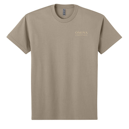 Omina Essentials tan heavyweight cotton t-shirt with embroidered logo on chest. Relaxed oversized fit.
