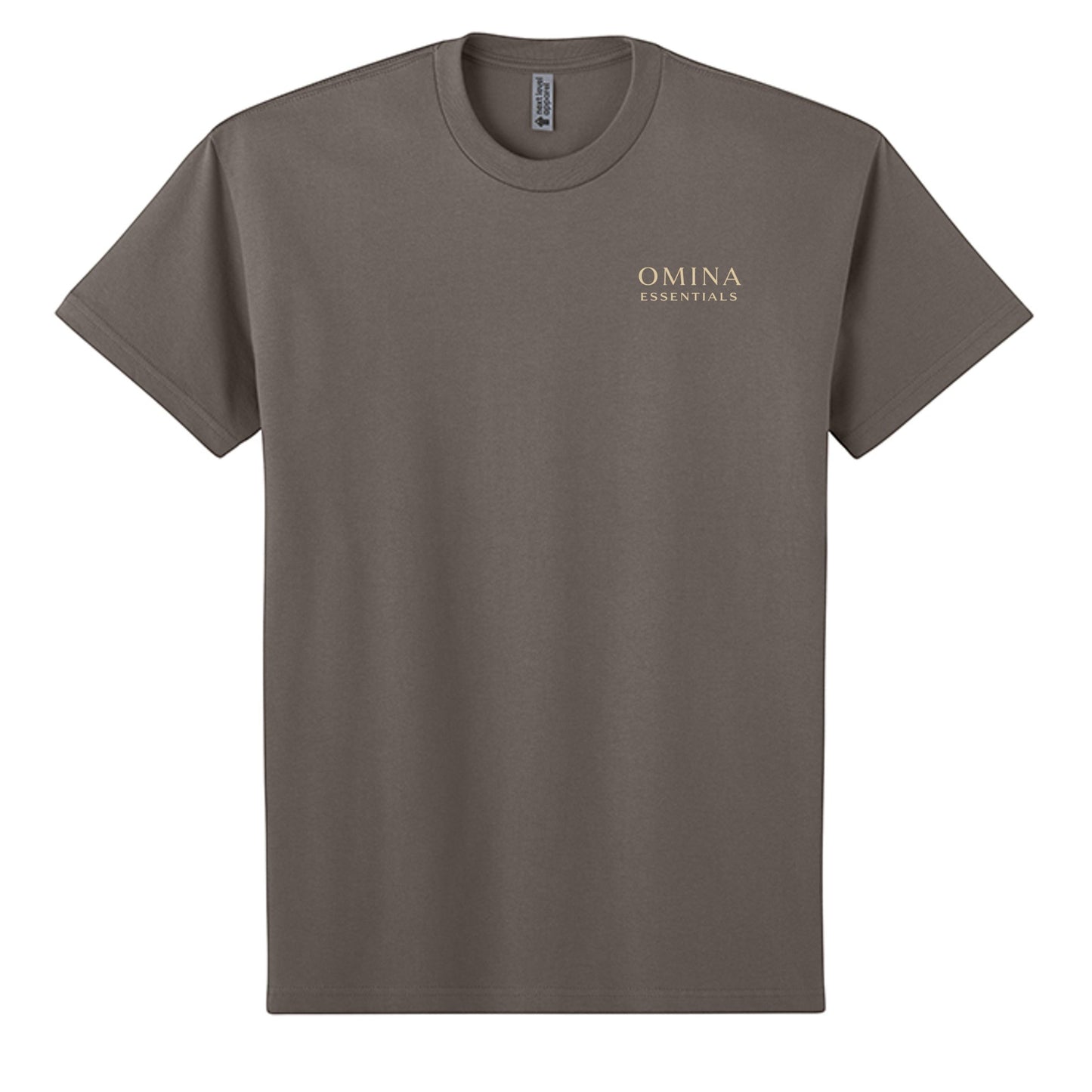 Omina Essentials taupe heavyweight combed ring-spun cotton t-shirt with minimalist branding on chest.
