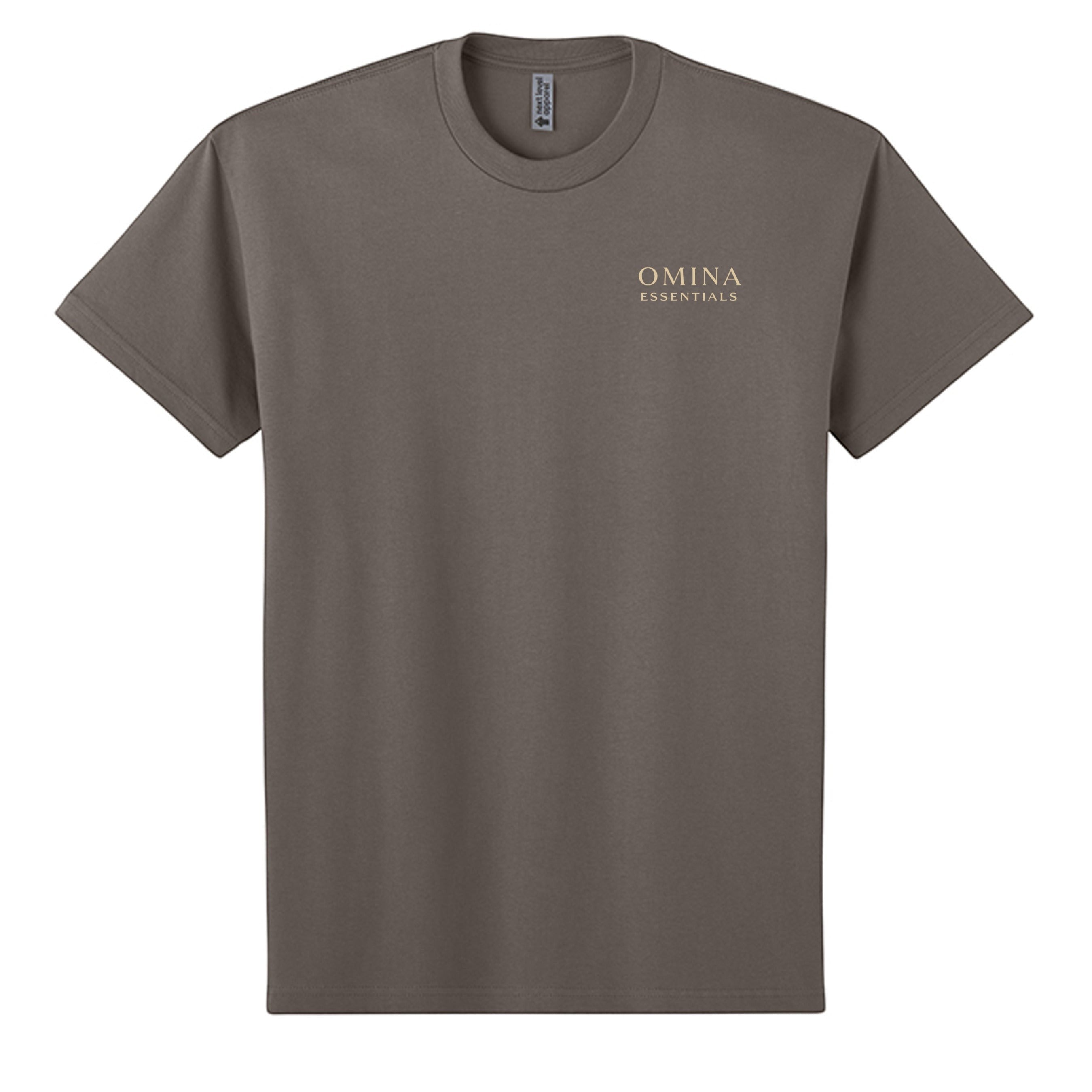 Omina Essentials taupe heavyweight combed ring-spun cotton t-shirt with minimalist branding on chest.