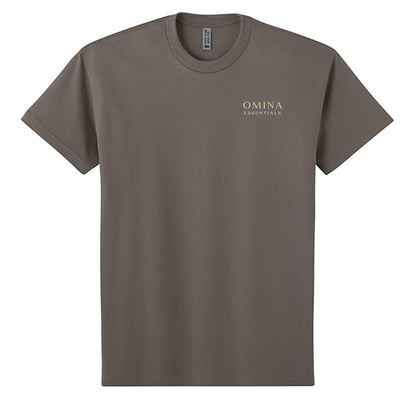 Omina Essentials taupe heavyweight combed ring-spun cotton t-shirt with minimalist branding on chest.