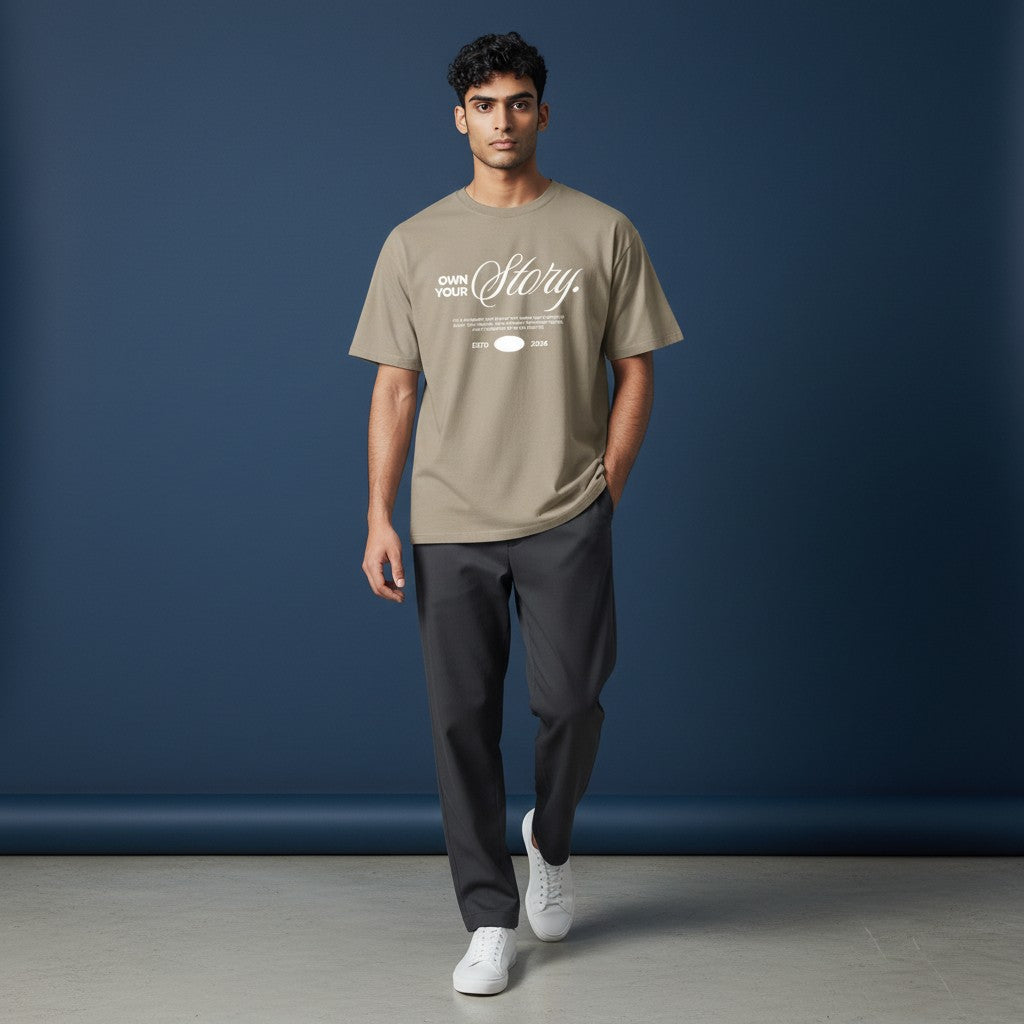 Omina Essentials oversized taupe heavyweight cotton t-shirt with "Own Your Story" graphic print.