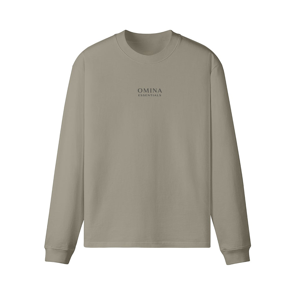 Omina Essentials heavyweight taupe long sleeve t-shirt with crew neck, drop shoulders, and minimalist logo branding.