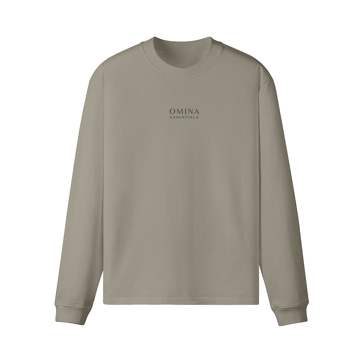 Omina Essentials heavyweight taupe long sleeve t-shirt with crew neck, drop shoulders, and minimalist logo branding.